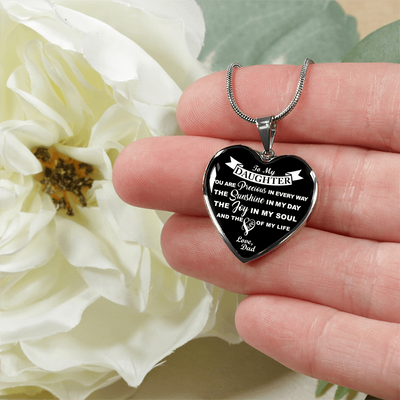 MY DAUGHTER YOU ARE PRECIOUS, SUNSHINE, JOY LOVE DAD - SILVER AND GOLD FINISHED HEART SHAPED NECKLACE (WHITE ON BLACK) - podprintz.com