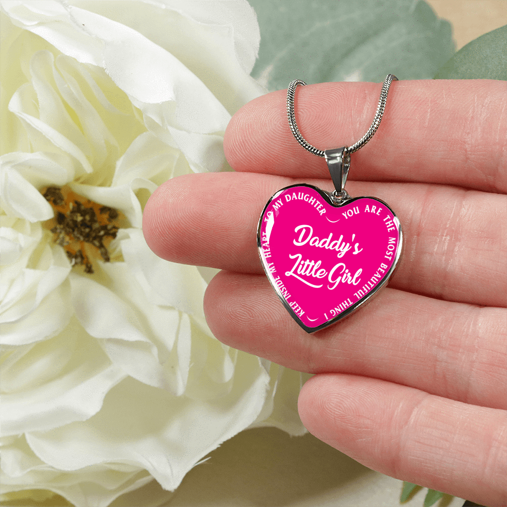 Daddy's Little Girl Gold or Silver Finished Heart Shaped Necklace (White on Pink) - podprintz.com