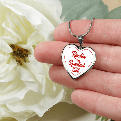 ROCKIN' THE SPOILED, WIFE LIFE - SILVER AND GOLD FINISHED HEART SHAPED NECKLACE (RED TEXT ON WHITE) - podprintz.com