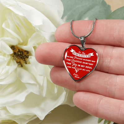 MY DAUGHTER YOU ARE PRECIOUS, SUNSHINE, JOY LOVE MOM - SILVER AND GOLD FINISHED HEART SHAPED NECKLACE (WHITE ON RED) - podprintz.com