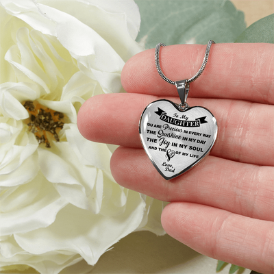 MY DAUGHTER YOU ARE PRECIOUS, SUNSHINE, JOY LOVE DAD - SILVER AND GOLD FINISHED HEART SHAPED NECKLACE (BLACK ON TRANSPARENT) - podprintz.com