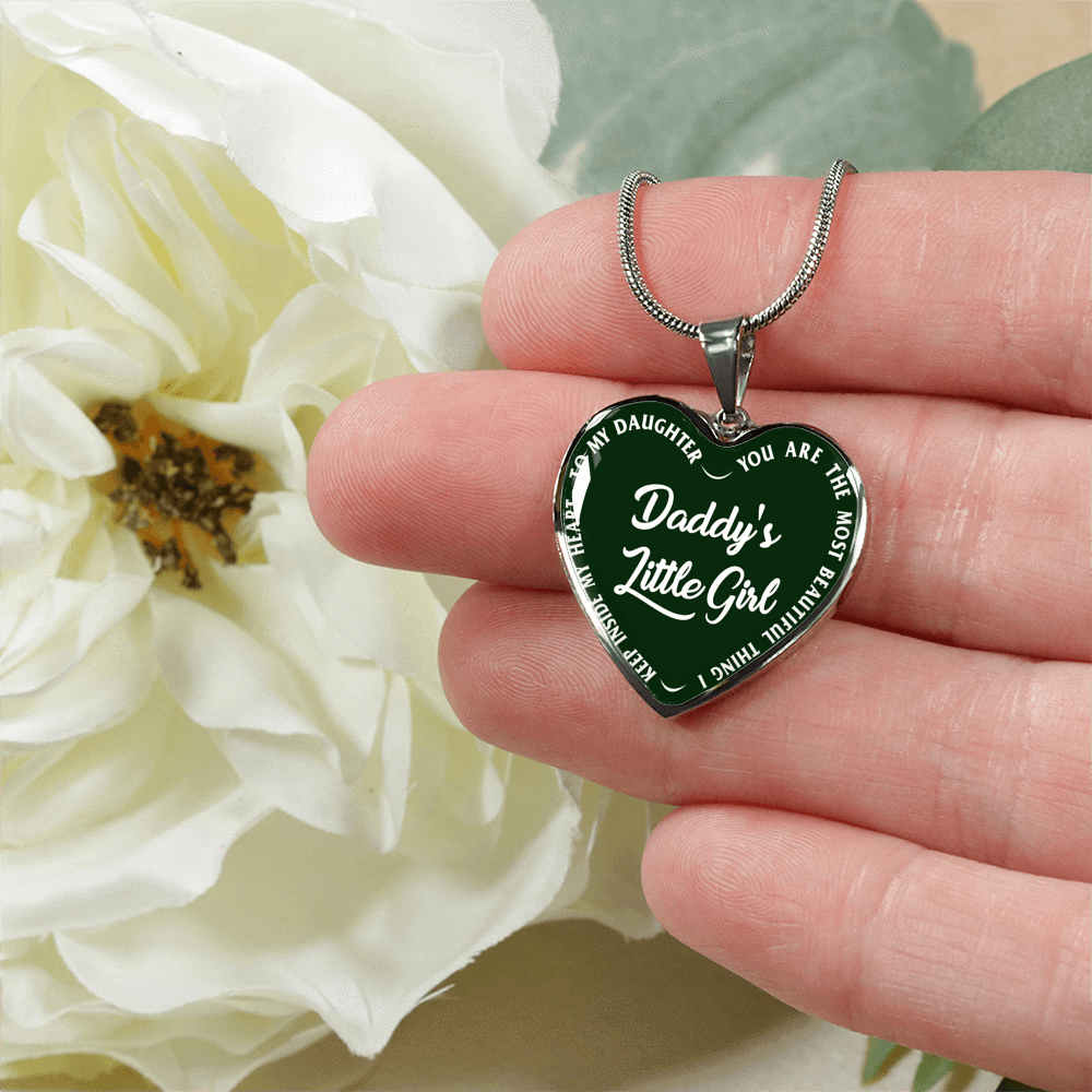 Daddy's Little Girl Gold or Silver Finished Heart Shaped Necklace (White on Green) - podprintz.com