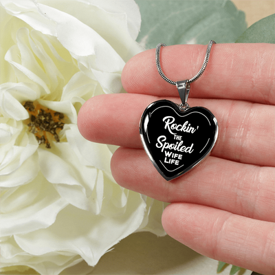 ROCKIN' THE SPOILED, WIFE LIFE - SILVER AND GOLD FINISHED HEART SHAPED BANGLE BRACELET AND NECKLACE (WHITE TEXT ON BLACK) EO - podprintz.com