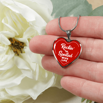 ROCKIN' THE SPOILED, WIFE LIFE - SILVER AND GOLD FINISHED HEART SHAPED BANGLE BRACELET AND NECKLACE (WHITE TEXT ON RED) EO - podprintz.com