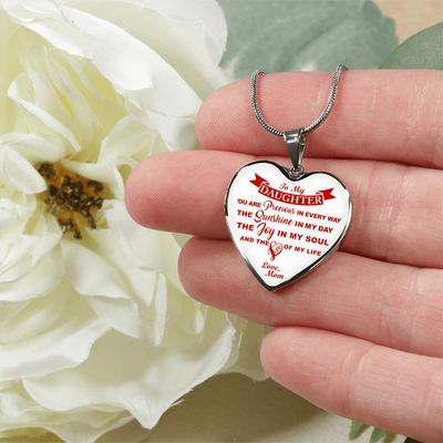 MY DAUGHTER YOU ARE PRECIOUS, SUNSHINE, JOY LOVE MOM - SILVER AND GOLD FINISHED HEART SHAPED NECKLACE (RED ON WHITE) - podprintz.com