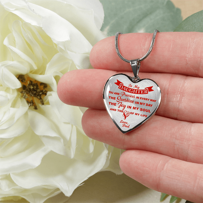 MY DAUGHTER YOU ARE PRECIOUS, SUNSHINE, JOY LOVE DAD - SILVER AND GOLD FINISHED HEART SHAPED NECKLACE (RED ON TRANSPARENT) - podprintz.com