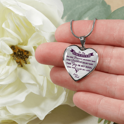 MY DAUGHTER YOU ARE PRECIOUS, SUNSHINE, JOY LOVE DAD - SILVER AND GOLD FINISHED HEART SHAPED NECKLACE (PURPLE ON TRANSPARENT) - podprintz.com