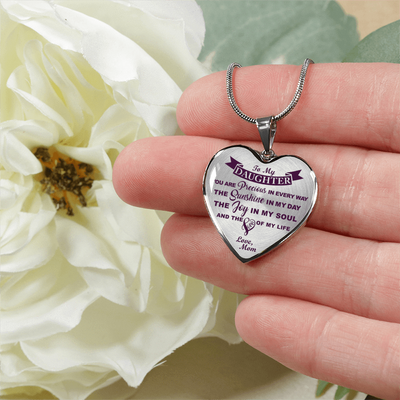 MY DAUGHTER YOU ARE PRECIOUS, SUNSHINE, JOY LOVE MOM - SILVER AND GOLD FINISHED HEART SHAPED NECKLACE (PURPLE ON TRANSPARENT) - podprintz.com