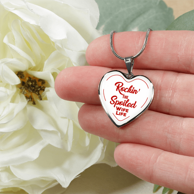 ROCKIN' THE SPOILED, WIFE LIFE - SILVER AND GOLD FINISHED HEART SHAPED BANGLE BRACELET AND NECKLACE (RED TEXT ON WHITE) EO - podprintz.com