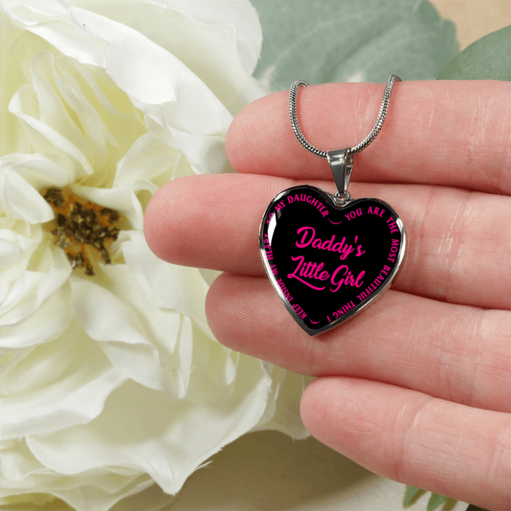 Daddy's Little Girl Gold or Silver Finished Heart Shaped Necklace (Pink on Black) - podprintz.com