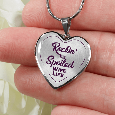 ROCKIN' THE SPOILED, WIFE LIFE - SILVER AND GOLD FINISHED HEART SHAPED NECKLACE (PURPLE TEXT ON TRANSPARENT) - podprintz.com