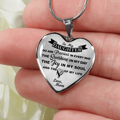 MY DAUGHTER YOU ARE PRECIOUS, SUNSHINE, JOY LOVE MOM - SILVER AND GOLD FINISHED HEART SHAPED NECKLACE (BLACK ON TRANSPARENT) - podprintz.com