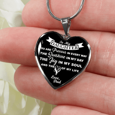 MY DAUGHTER YOU ARE PRECIOUS, SUNSHINE, JOY LOVE DAD - SILVER AND GOLD FINISHED HEART SHAPED NECKLACE (WHITE ON BLACK) - podprintz.com