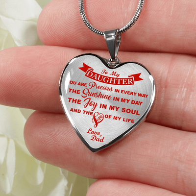 MY DAUGHTER YOU ARE PRECIOUS, SUNSHINE, JOY LOVE DAD - SILVER AND GOLD FINISHED HEART SHAPED NECKLACE (RED ON TRANSPARENT) - podprintz.com