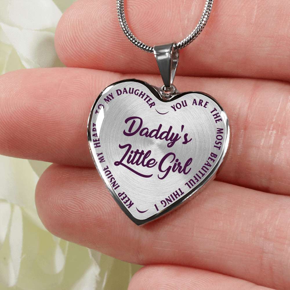 DADDY'S LITTLE GIRL GOLD OR SILVER FINISHED HEART SHAPED NECKLACE OR BANGLE BRACELET, PURPLE ON TRANSPARENT (EO) - podprintz.com