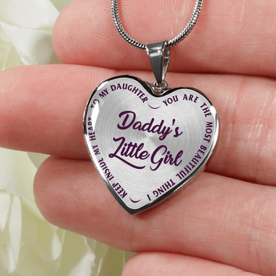 DADDY'S LITTLE GIRL GOLD OR SILVER FINISHED HEART SHAPED NECKLACE OR BANGLE BRACELET, PURPLE ON TRANSPARENT (EO) - podprintz.com