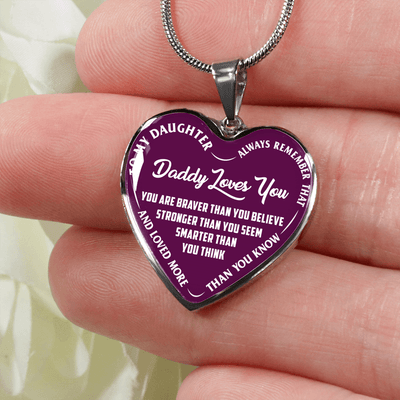 MY DAUGHTER, DADDY LOVES YOU - (PURPLE & WHITE TEXT) SILVER FINISHED HEART NECKLACE - podprintz.com