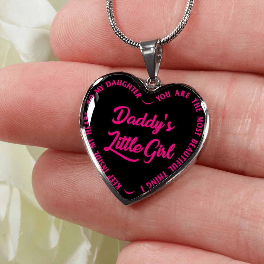 Daddy's Little Girl Gold or Silver Finished Heart Shaped Necklace (Pink on Black) - podprintz.com