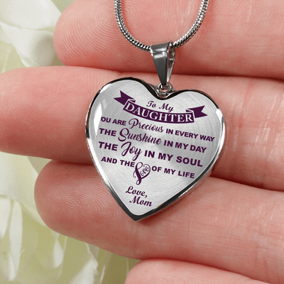 MY DAUGHTER YOU ARE PRECIOUS, SUNSHINE, JOY LOVE MOM - SILVER AND GOLD FINISHED HEART SHAPED NECKLACE (PURPLE ON TRANSPARENT) - podprintz.com