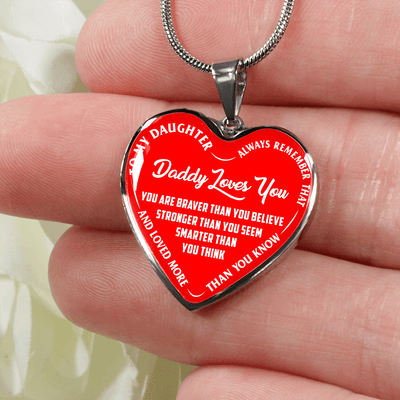 MY DAUGHTER - DADDY LOVES YOU - SILVER FINISHED HEART NECKLACE (RED WITH WHITE TEXT) - podprintz.com