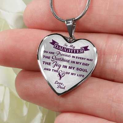 MY DAUGHTER YOU ARE PRECIOUS, SUNSHINE, JOY LOVE DAD - SILVER AND GOLD FINISHED HEART SHAPED NECKLACE (PURPLE ON TRANSPARENT) - podprintz.com