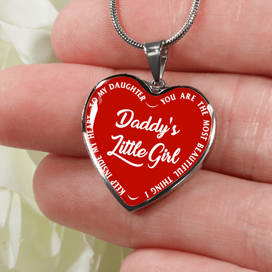 Daddy's Little Girl Gold or Silver Finished Heart Shaped Necklace (White on Red) - podprintz.com
