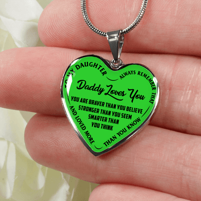 MY DAUGHTER, DADDY LOVES YOU - (LIME GREEN & BLACK TEXT) SILVER FINISHED HEART NECKLACE - podprintz.com