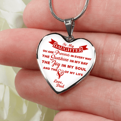 MY DAUGHTER YOU ARE PRECIOUS, SUNSHINE, JOY LOVE DAD - SILVER AND GOLD FINISHED HEART SHAPED NECKLACE (RED ON WHITE) - podprintz.com