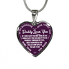 My Daughter, Never Forget, Daddy Loves You Silver or Gold Finished Necklace (White on Purple) - podprintz.com