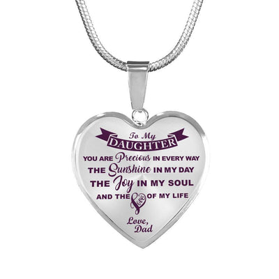 MY DAUGHTER YOU ARE PRECIOUS, SUNSHINE, JOY LOVE DAD - SILVER AND GOLD FINISHED HEART SHAPED NECKLACE AND BANGLE BRACELET (PURPLE ON TRANSPARENT) EO - podprintz.com
