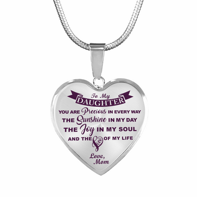 MY DAUGHTER YOU ARE PRECIOUS, SUNSHINE, JOY LOVE MOM - SILVER AND GOLD FINISHED HEART SHAPED NECKLACE (PURPLE ON TRANSPARENT) - podprintz.com