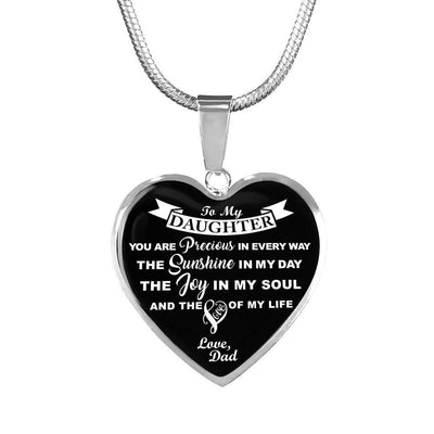 MY DAUGHTER YOU ARE PRECIOUS, SUNSHINE, JOY LOVE DAD - SILVER AND GOLD FINISHED HEART SHAPED NECKLACE AND BANGLE BRACELET (WHITE ON BLACK) EO - podprintz.com