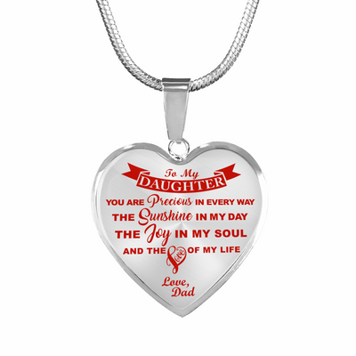 MY DAUGHTER YOU ARE PRECIOUS, SUNSHINE, JOY LOVE DAD - SILVER AND GOLD FINISHED HEART SHAPED NECKLACE (RED ON TRANSPARENT) - podprintz.com