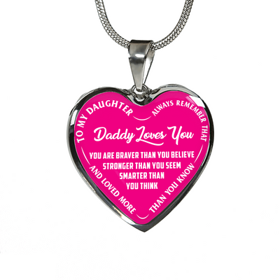 MY DAUGHTER, DADDY LOVES YOU - (PINK & WHITE TEXT) SILVER FINISHED HEART NECKLACE - podprintz.com