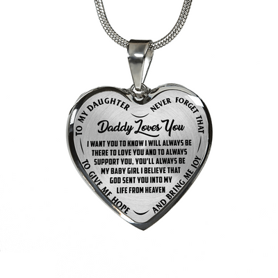 I'll Always Be There, Daddy Loves You, Silver or Gold Heart Shaped Necklace (Black on Transparent) - podprintz.com