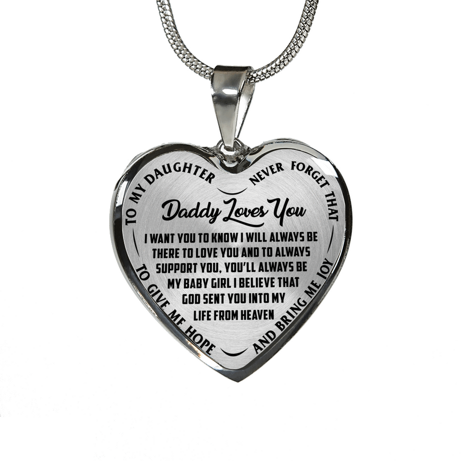 I'll Always Be There, Daddy Loves You, Silver or Gold Heart Shaped Necklace (Black on Transparent) - podprintz.com