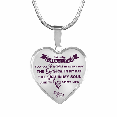 MY DAUGHTER YOU ARE PRECIOUS, SUNSHINE, JOY LOVE DAD - SILVER AND GOLD FINISHED HEART SHAPED NECKLACE (PURPLE ON TRANSPARENT) - podprintz.com