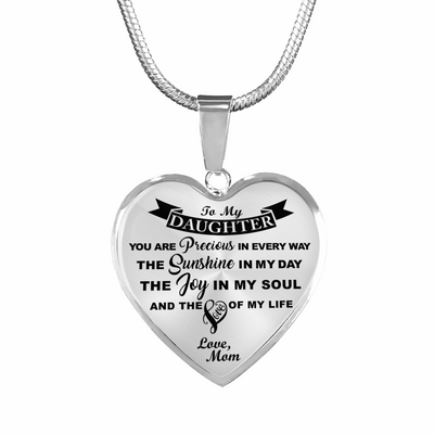 MY DAUGHTER YOU ARE PRECIOUS, SUNSHINE, JOY LOVE MOM - SILVER AND GOLD FINISHED HEART SHAPED NECKLACE (BLACK ON TRANSPARENT) - podprintz.com