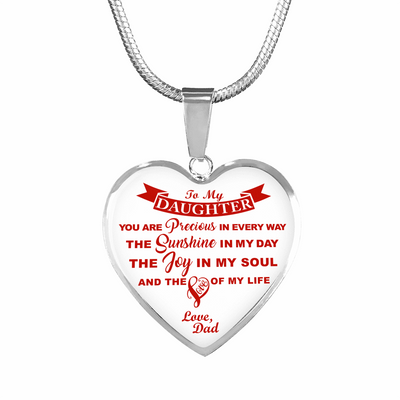 MY DAUGHTER YOU ARE PRECIOUS, SUNSHINE, JOY LOVE DAD - SILVER AND GOLD FINISHED HEART SHAPED NECKLACE (RED ON WHITE) - podprintz.com