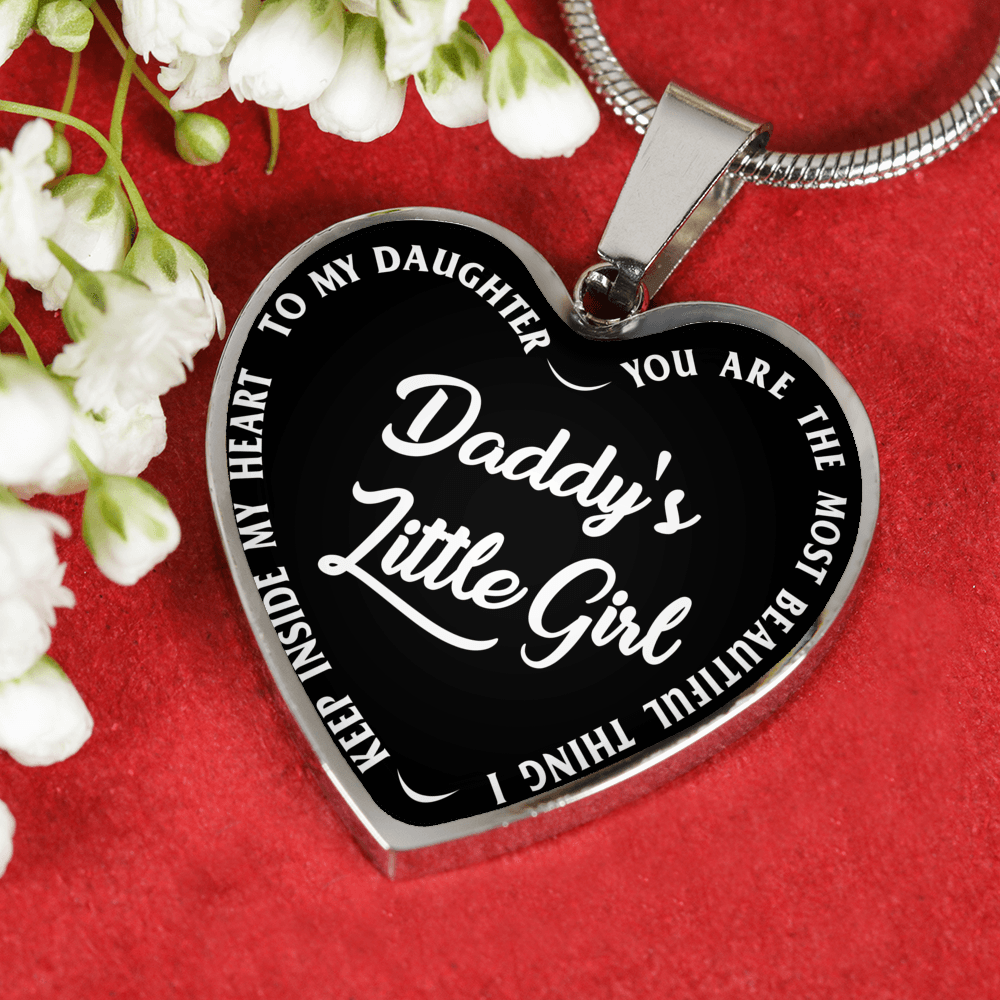 Daddy's Little Girl Gold or Silver Finished Heart Shaped Necklace (White on Black) - podprintz.com