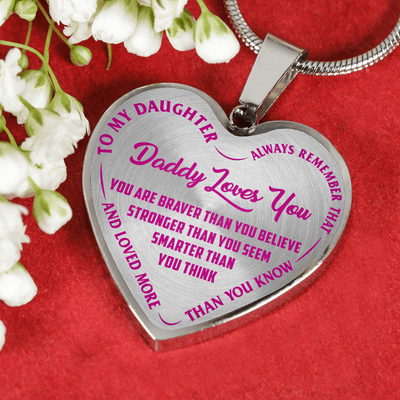 My Daughter, Daddy Loves You - Silver Finished Heart Necklace (Pink on Transparent) - podprintz.com
