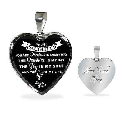 MY DAUGHTER YOU ARE PRECIOUS, SUNSHINE, JOY LOVE DAD - SILVER AND GOLD FINISHED HEART SHAPED NECKLACE AND BANGLE BRACELET (WHITE ON BLACK) EO - podprintz.com