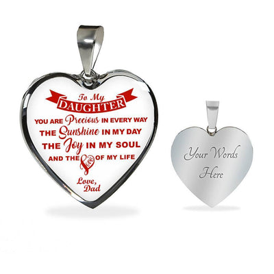 MY DAUGHTER YOU ARE PRECIOUS, SUNSHINE, JOY LOVE DAD - SILVER AND GOLD FINISHED HEART SHAPED NECKLACE AND BANGLE BRACELET (RED ON WHITE) EO - podprintz.com