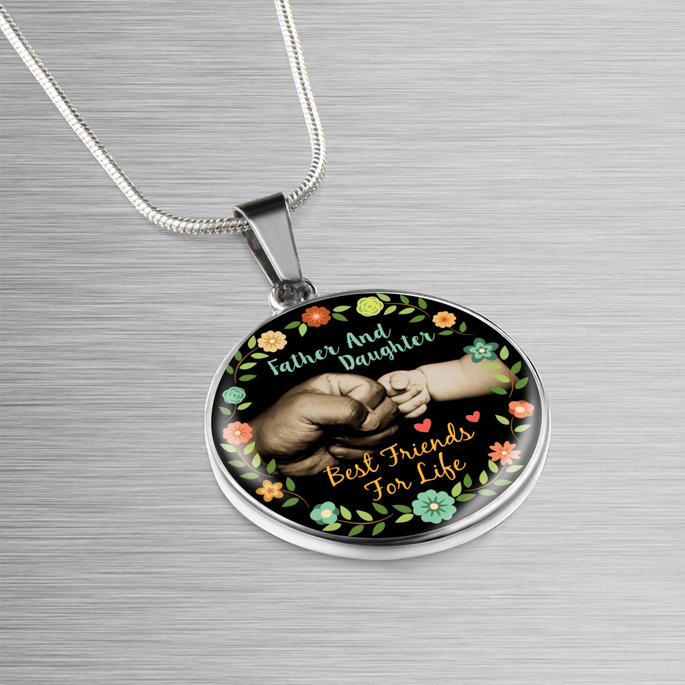 Father Daughter Best Friends Fist Bump (color)  - Silver Finished Circle Necklace - podprintz.com