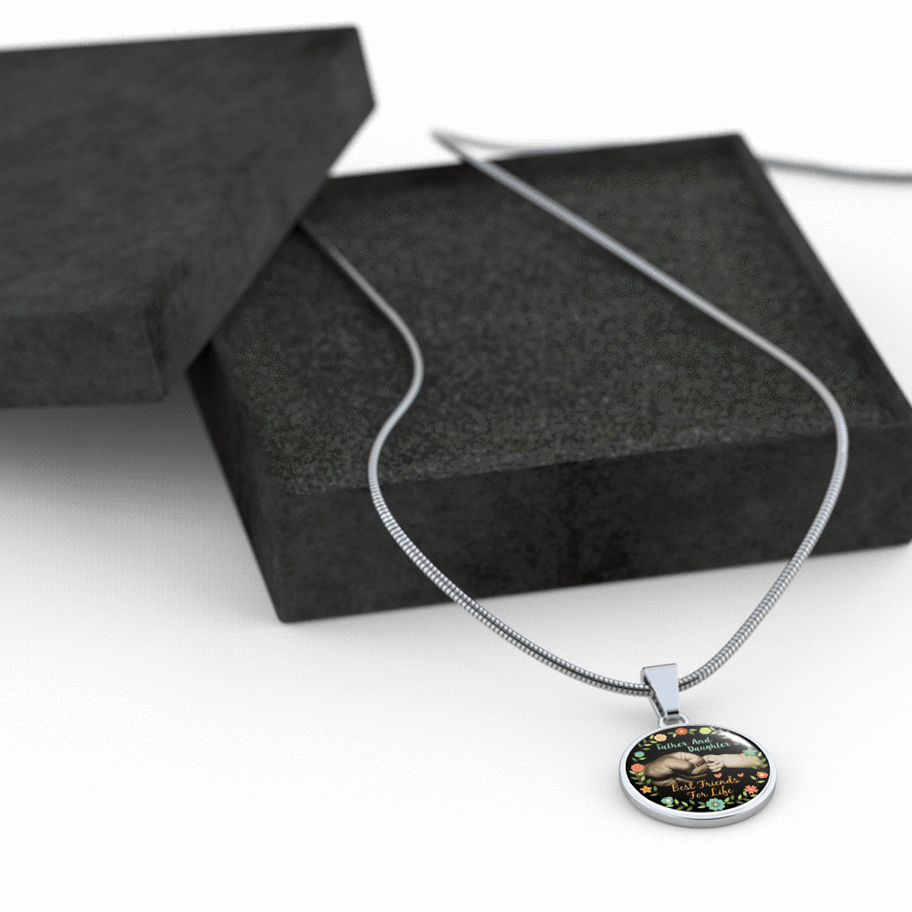 Father Daughter Best Friends Fist Bump (color)  - Silver Finished Circle Necklace - podprintz.com
