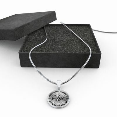 FATHER DAUGHTER FIST BUMP BEST FRIENDS - (BLACK ON TRANSPARENT) SILVER FINISHED CIRCLE NECKLACE - podprintz.com
