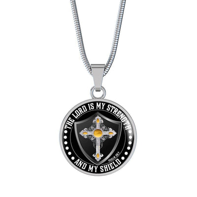 LORD IS MY STRENGTH AND MY SHIELD (YELLOW CROSS) - SILVER AND GOLD FINISHED CIRCLE NECKLACE EO - podprintz.com