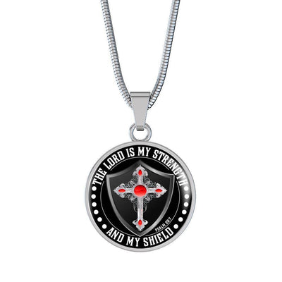 LORD IS MY STRENGTH AND MY SHIELD (RED) - SILVER AND GOLD FINISHED CIRCLE NECKLACE - podprintz.com