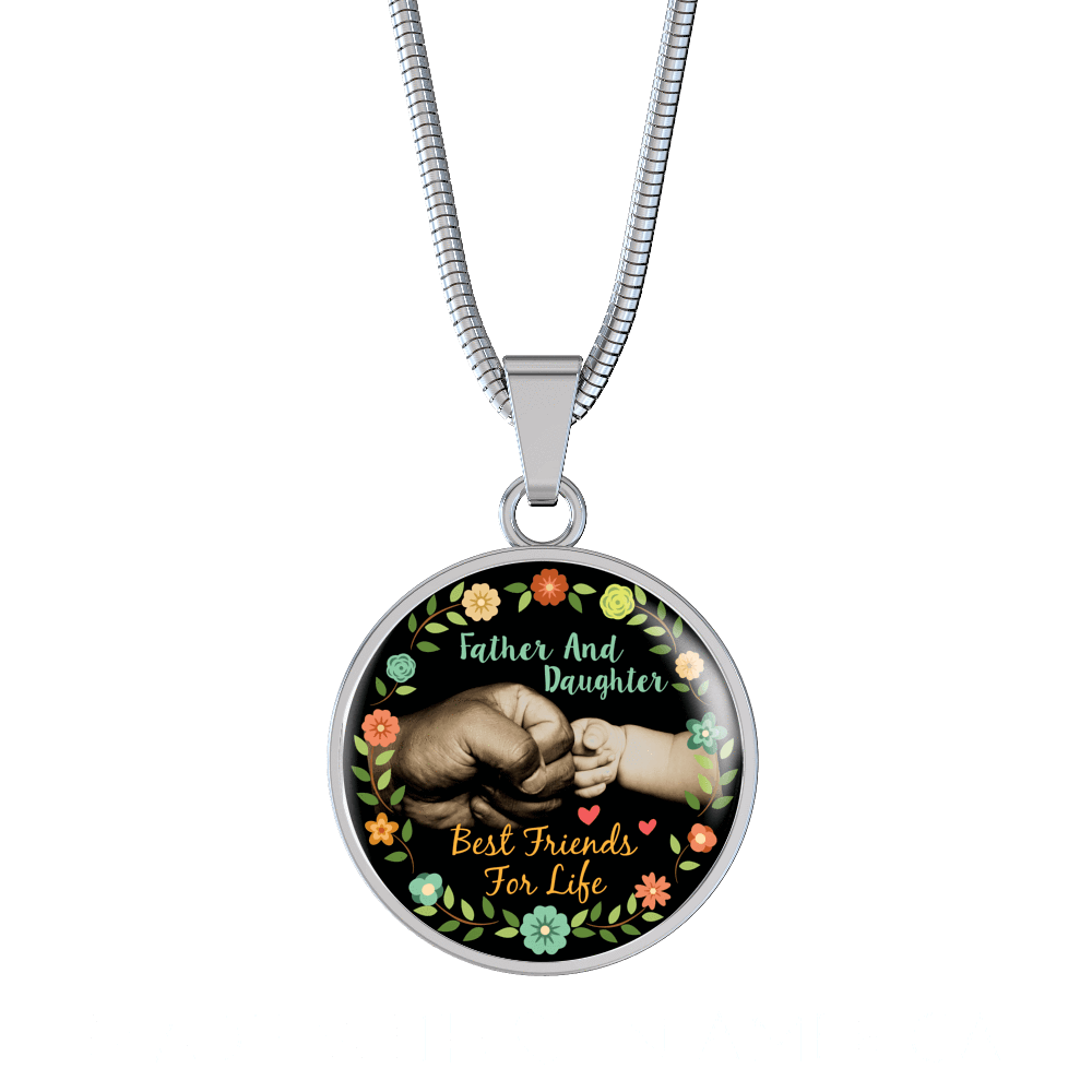 Father Daughter Best Friends Fist Bump (color)  - Silver Finished Circle Necklace - podprintz.com