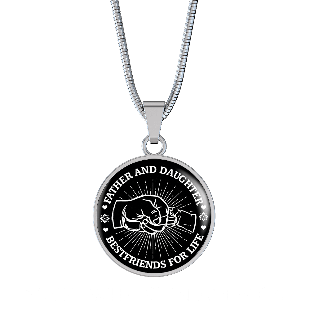 FATHER DAUGHTER FIST BUMP BEST FRIENDS - (BLACK & WHITE) SILVER FINISHED CIRCLE NECKLACE - podprintz.com